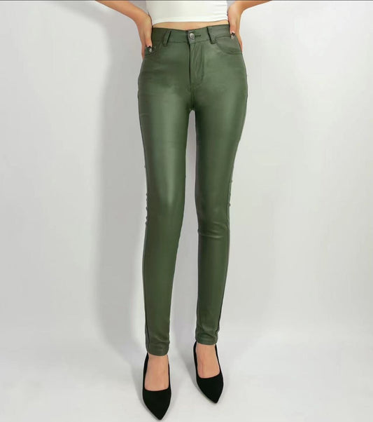 COUNTRY DENIM WET LOOK PANT IN DARK GREEN