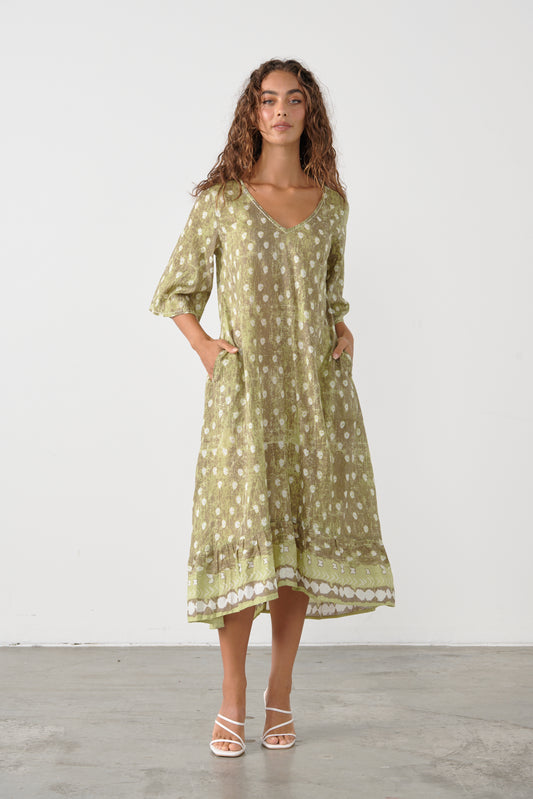 CAJU V-NECK DRESS IN LIME TIE DYE