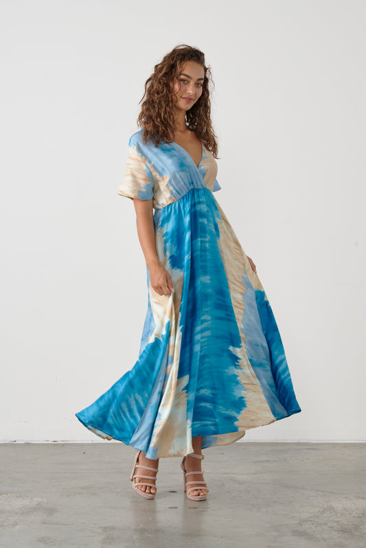 CAJU V-NECK DRESS IN TIE DYE BLUE