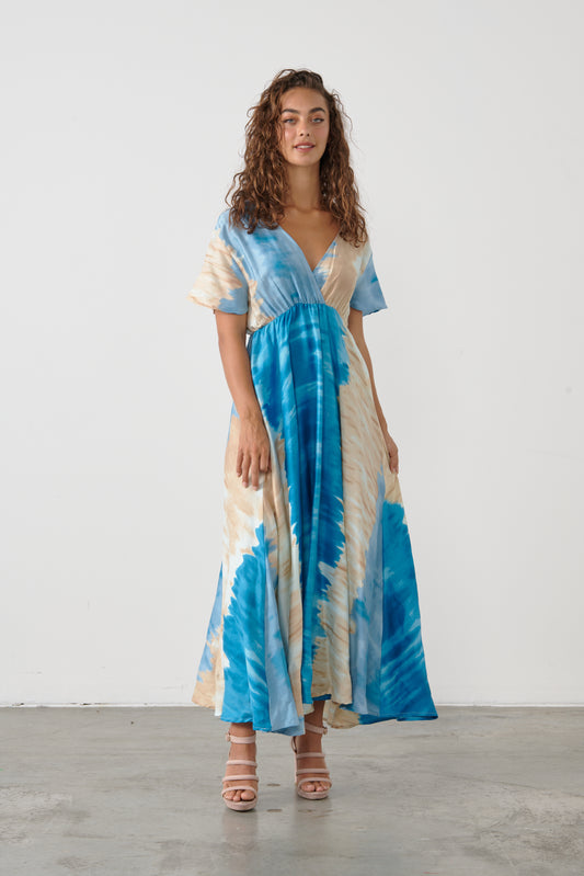 CAJU V-NECK DRESS IN TIE DYE BLUE