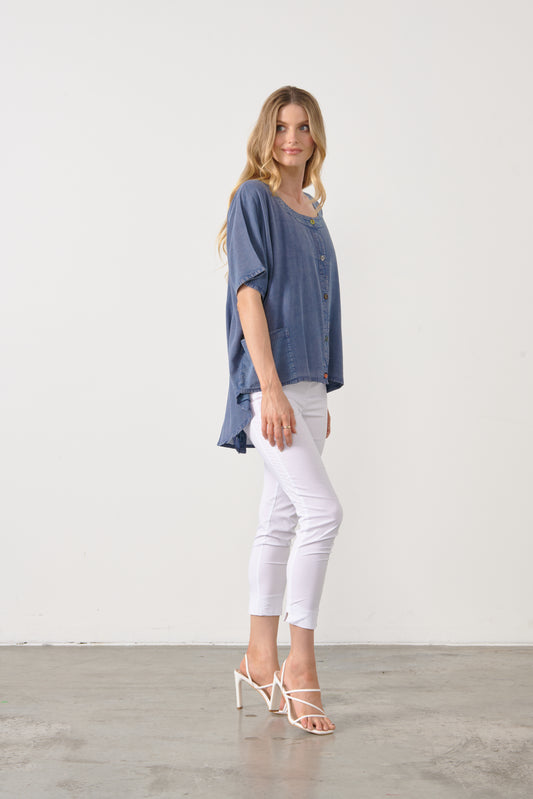 HOLMES & FALLON BUTTON DOWN HI-LO TOP IN INDIGO