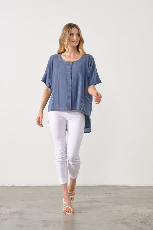 HOLMES & FALLON BUTTON DOWN HI-LO TOP IN INDIGO