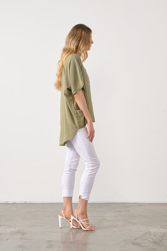 HOLMES & FALLON BUTTON DOWN HI-LO TOP IN MOSS