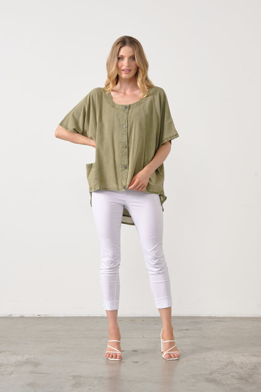 HOLMES & FALLON BUTTON DOWN HI-LO TOP IN MOSS