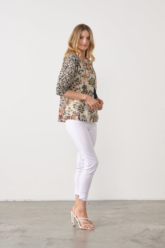 HOLMES & FALLON RAGLAN SLEEVE PRINTED BLOUSE WITH TIE