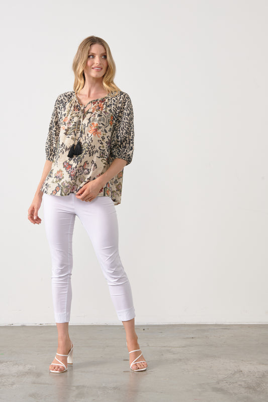 HOLMES & FALLON RAGLAN SLEEVE PRINTED BLOUSE WITH TIE