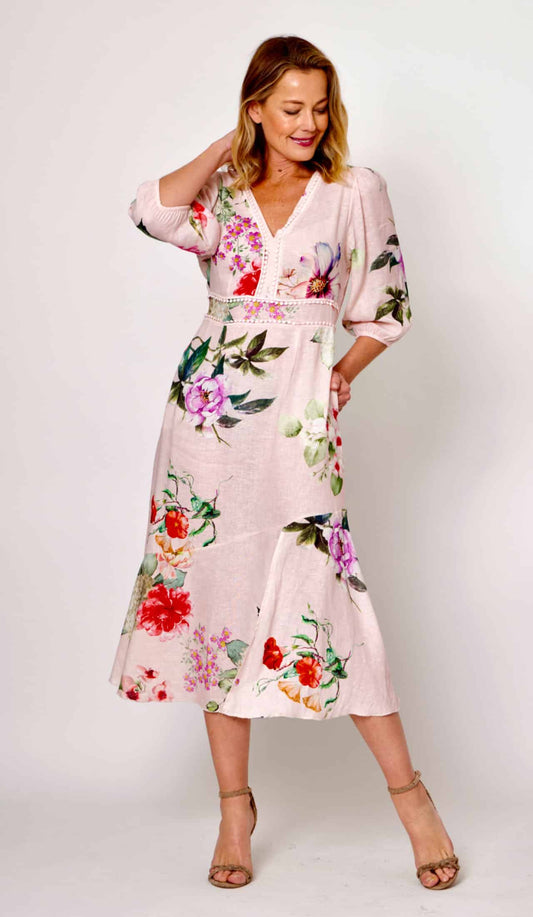 LA STRADA FLORAL LINEN DRESS IN SOFT PINK