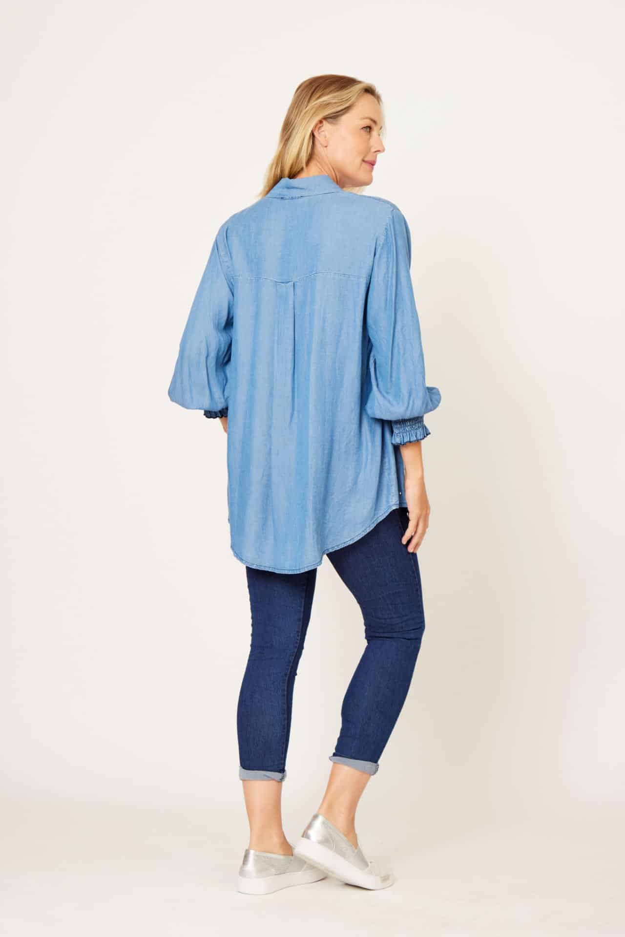 LA STRADA BLUE DENIM SHIRT WITH RUCHED SLEEVE AND DIAMANTE