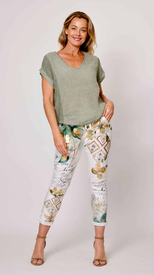 LA STRADA PRINT PANTS IN WHITE/GREENCOLOUR